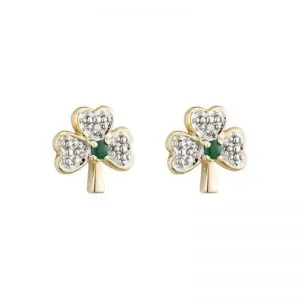 9K Gold CZ & Green Agate Shamrock Earrings