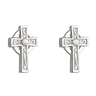 Rhodium Plated Communion Cross Stud Earrings