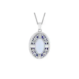 Sterling Silver Synthetic Opal Oval leaf Locket