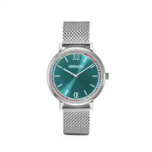 Coeur de Lion Round Sparkling Sunray Transformative Teal Milanaise Silver Watch