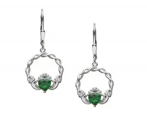 Sterling Silver Green Stone Drop Claddagh Earrings