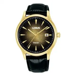Lorus Gents Gold Plated Black Strap Watch