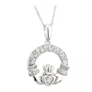 14K White Gold Diamond Claddagh Necklace