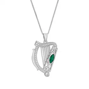 Silver Harp Pendant With Green Stone