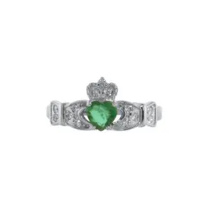 14k White Gold Diamond & Emerald Claddagh Ring