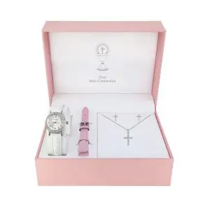 Girls Communion Stone Set Watch with Interchangeable Strap and CZ Cross Pendant and Earrings Set