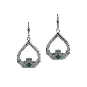 Silver Claddagh Drop Green Stone Earrings