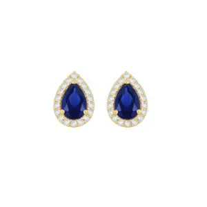 9K Gold Blue Pear Shaped Cubic Zirconia Halo Stud Earrings