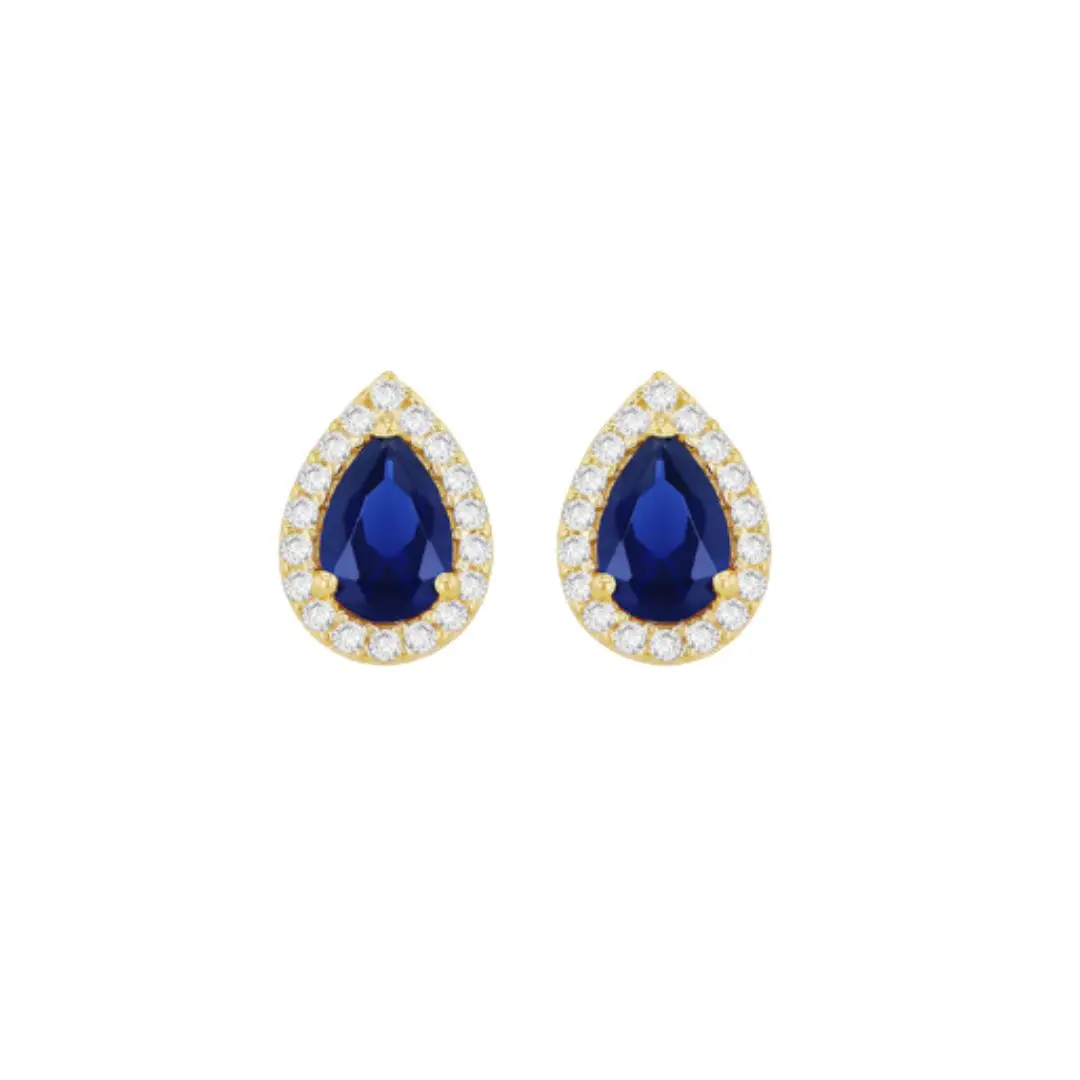 9K Gold Blue Pear Shaped Cubic Zirconia Halo Stud Earrings
