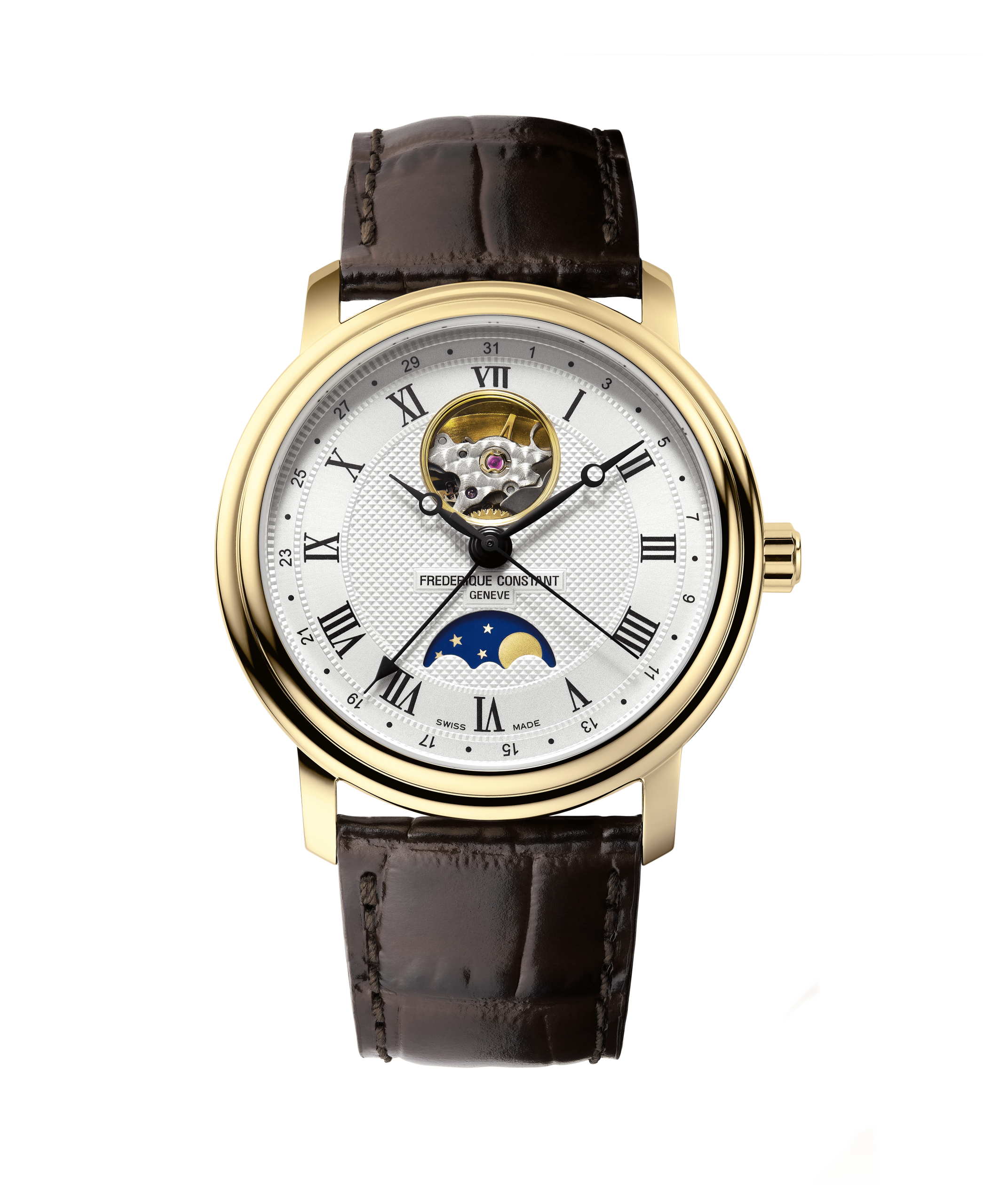Frederique Constant Gents Heartbeat Moonphase Gold Plated Case Leather Strap Watch