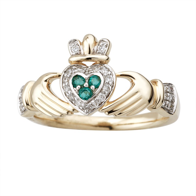 14K Gold Emerald & Diamond Claddagh Ring Solvar