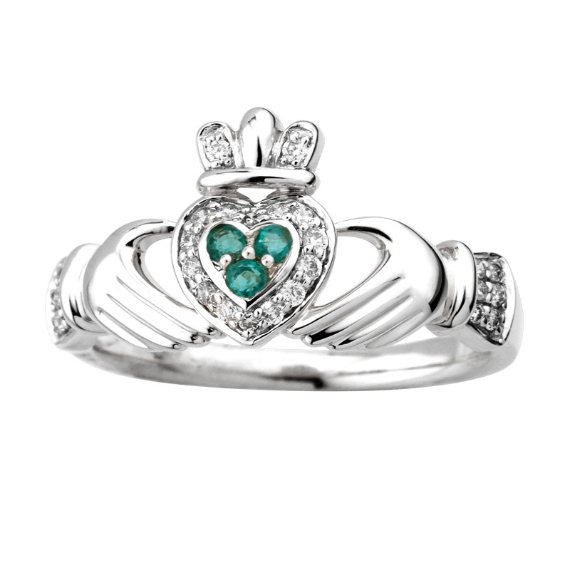 14K White Gold Emerald & Diamond Claddagh Ring - Image 2