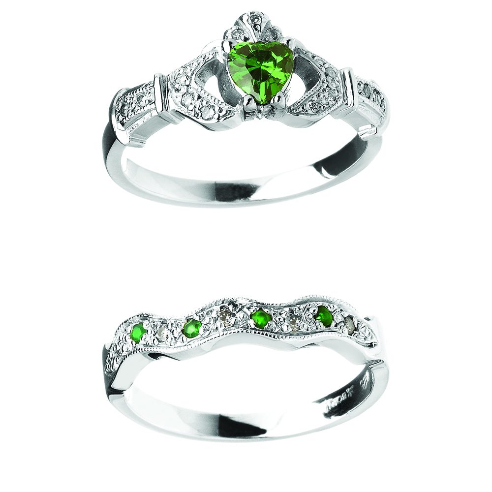 14K Emerald & Diamond Claddagh Engagement & Wedding Ring