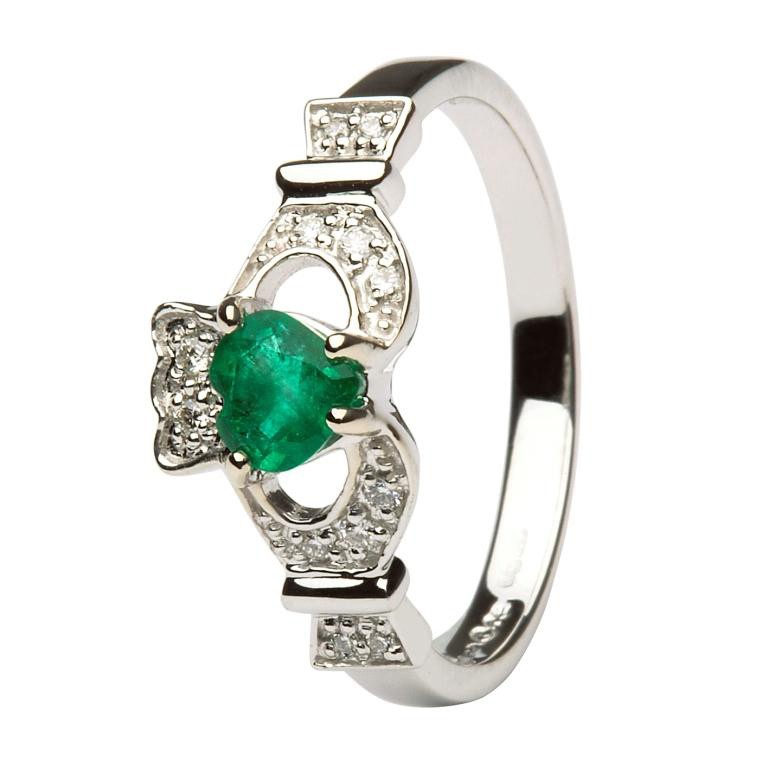 14K White Gold Emerald & Diamond Claddagh Ring - Image 4