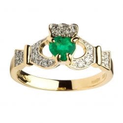 14K Emerald And Diamond Claddagh Ring