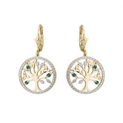 Gold Celtic Tree of Life Earrings set with Sparkling Diamonds and Emeralds 