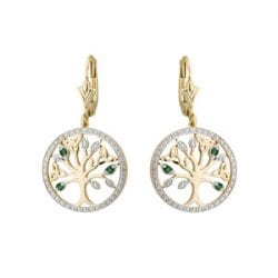 Gold Celtic Tree of Life Earrings set with Sparkling Diamonds and Emeralds