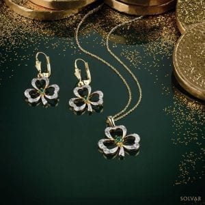 Diamond & Emerald Celtic Shamrock Necklace & Earrings Crafted from 14K Gold
