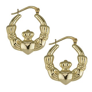 14K Yellow Gold Hoop Earrings 1 Inch Diameter Claddagh Design