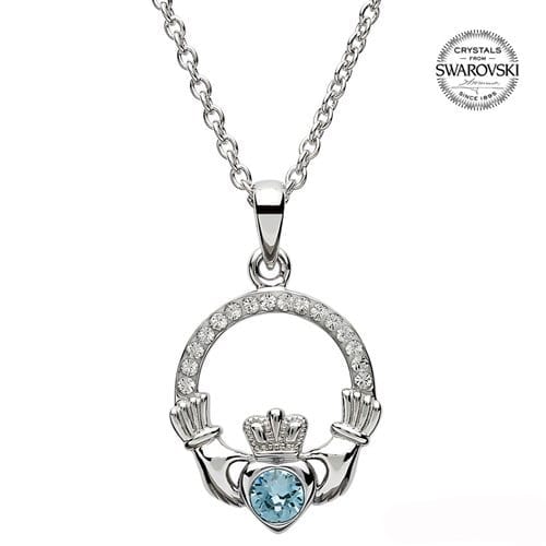 Claddagh March Birthstone Pendant in Sterling Silver