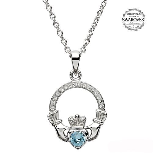 Claddagh March Birthstone Pendant in Sterling Silver 