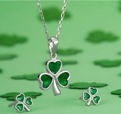 Silver Shamrock with Green Enamel Pendant and Earrings