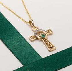 Gold Celtic Cross Pendant With Emerald and Diamond 