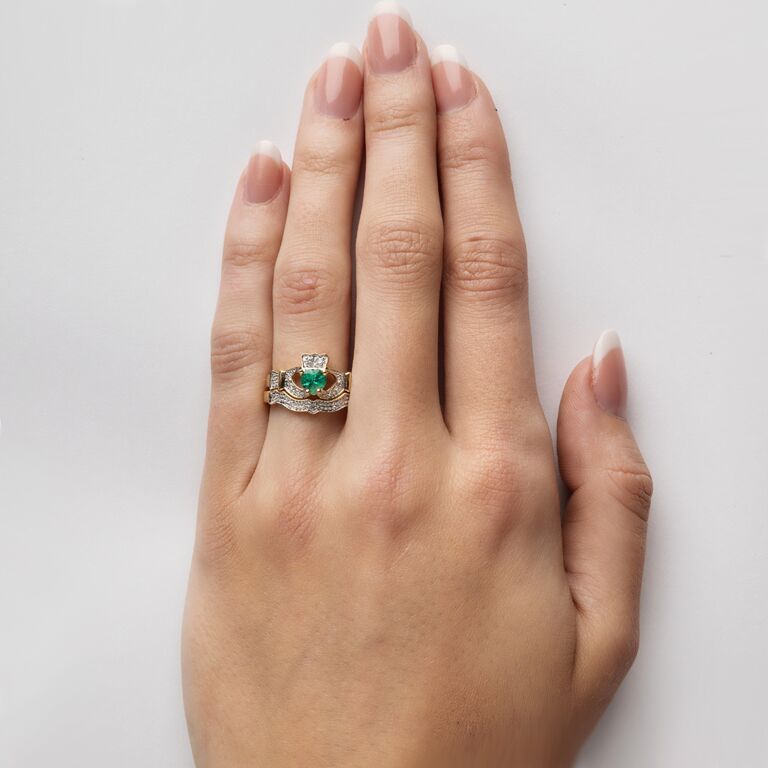 14K Gold Emerald Diamond Claddagh Ring Fallers Fallers Fallers Irish Jewelry