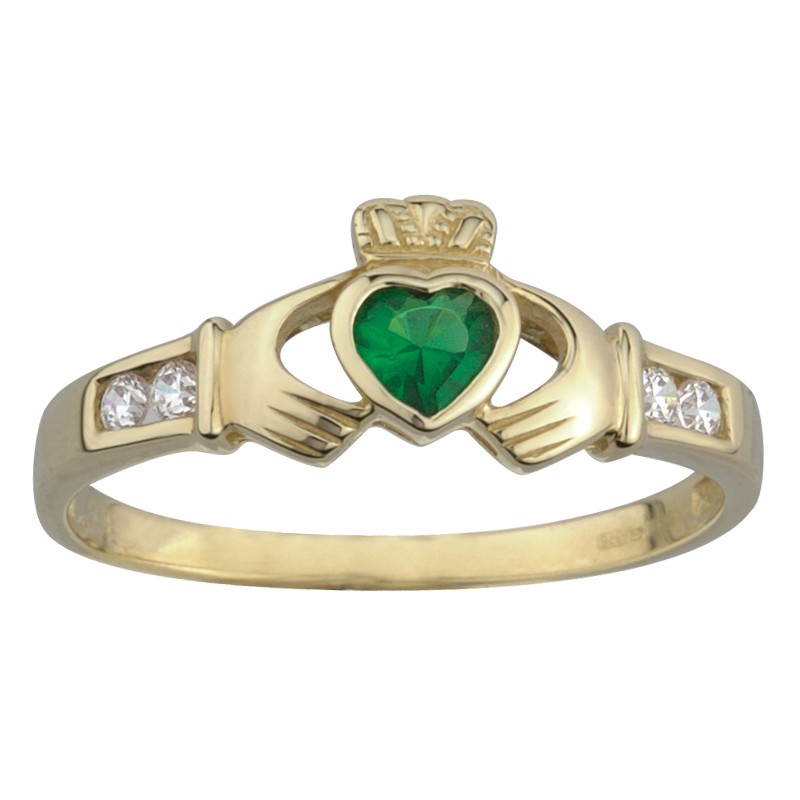 Claddagh Ring 9K Gold Green/Emerald CZ Stone Set - Image 2