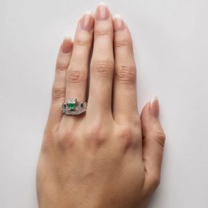 White Gold Emerald And Diamond Claddagh Engagement and Wedding Ring Set