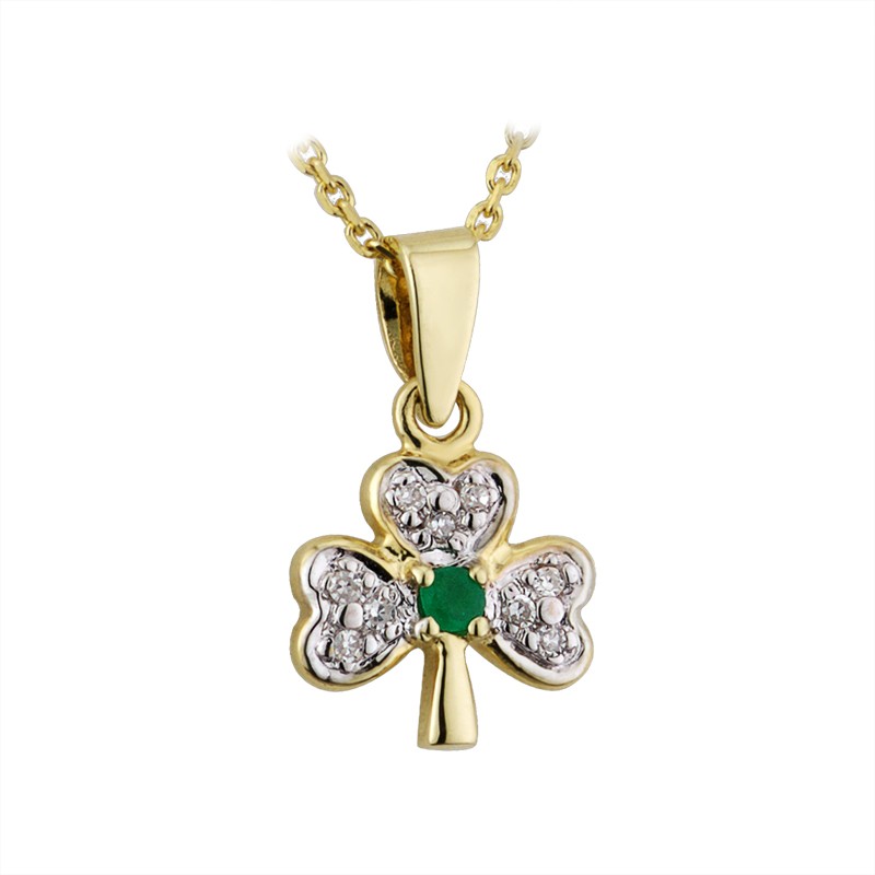 14K Gold Emerald & Diamond Shamrock Pendant