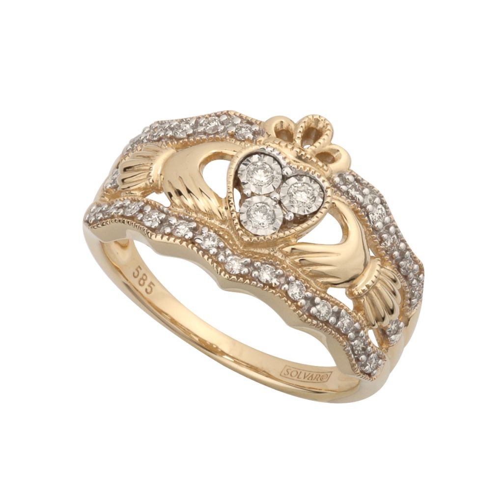 14K Gold Diamond Claddagh Ring