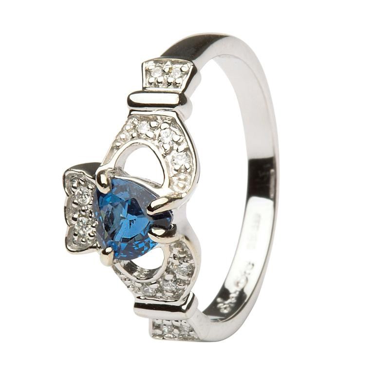 14K White Gold Sapphire & Diamond Claddagh Ring - Image 3