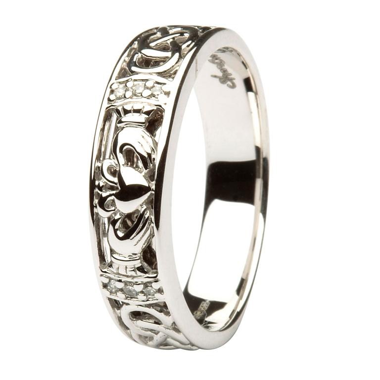 14K White Gold Ladies Diamond Claddagh & Celtic Ring - Image 3