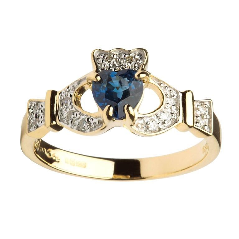 14K Gold Sapphire & Diamond Claddagh Ring