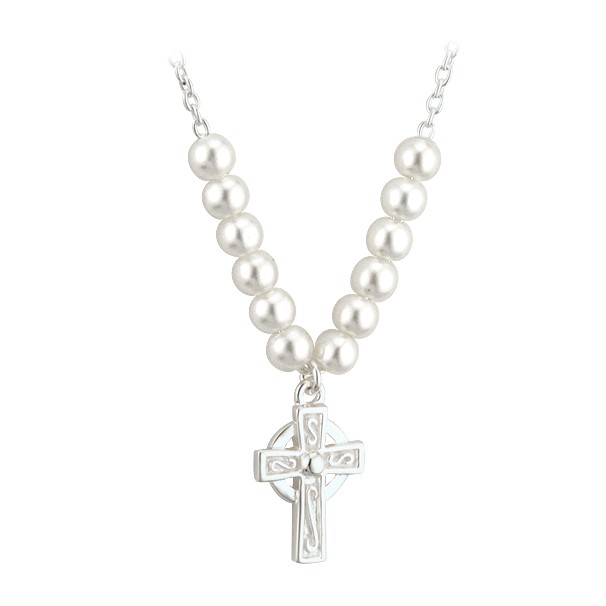 Silver Plated Communion Pearl & Cross Pendant