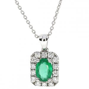 18K White Gold Oval Emerald & Diamond Pendant