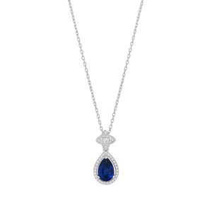 Silver Cubic Zirconia Sapphire Pear Drop Pendant