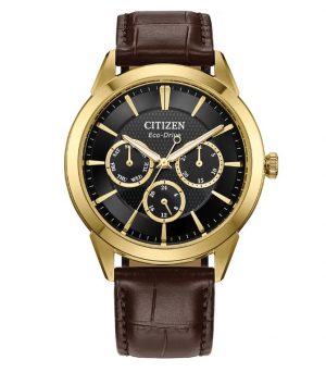 Citizen Gents Rolan Multi Dial Gold Plated Case Black Dial and Leather Strap