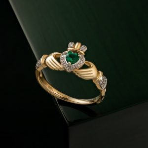 NEW221189914K Gold Claddagh Ring Emerald and Diamond Ring-8657-NEW-488