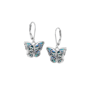 Sterling Silver Rhodium Plated Paua Shell Butterfly Drop Earrings