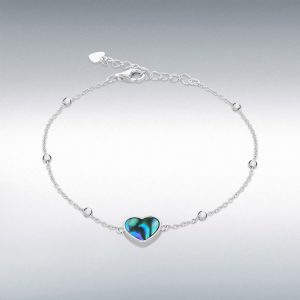 Sterling Silver Rhodium Plated Paua Shell Heart Adjustable Trace and Ball Bracelet
