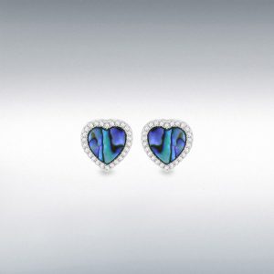 Sterling Silver Rhodium Plated Paua Shell And CZ Heart Stud Earrings