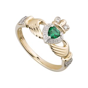 14K Created Emerald & Diamond Claddagh Ring