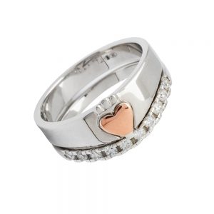 Sterling Silver Rose Heart Interlocking Claddagh Ring