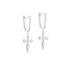 Silver White Cubic Zirconia Cross Huggy Earring