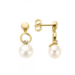 9K.Gold Fresh Water Pearl Drop Circle + Diamond Studs
