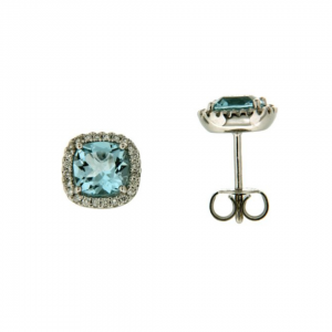 9K White Gold Square Blue Topaz & Diamond Earrings