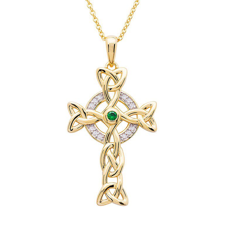 14K Gold Vermeil Emerald Celtic Cross Necklace