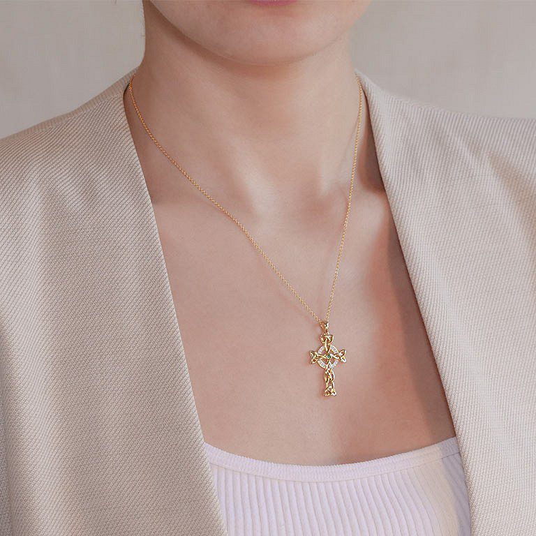 14K Gold Vermeil Emerald Celtic Cross Necklace - Image 3